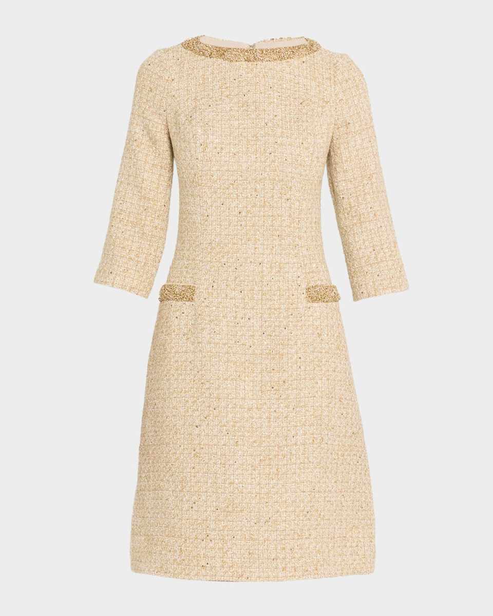 Metallic Boucle Jewel-Trim A-Line Dress